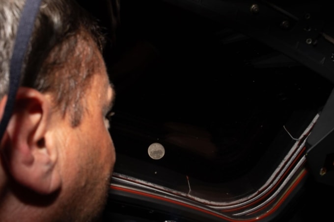 Phi hành gia Reid Wiseman, chỉ huy nhiệm vụ Artemis II, nhìn ra ngoài cửa sổ tàu Orion, ngắm nhìn Mặt Trăng trước chuyến bay qua sát Mặt Trăng. Ảnh: NASA