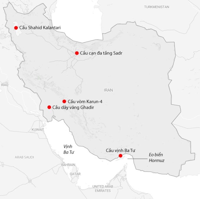 Vị trí các cây cầu quan trọng ở Iran. Đồ họa: Al Jazeera