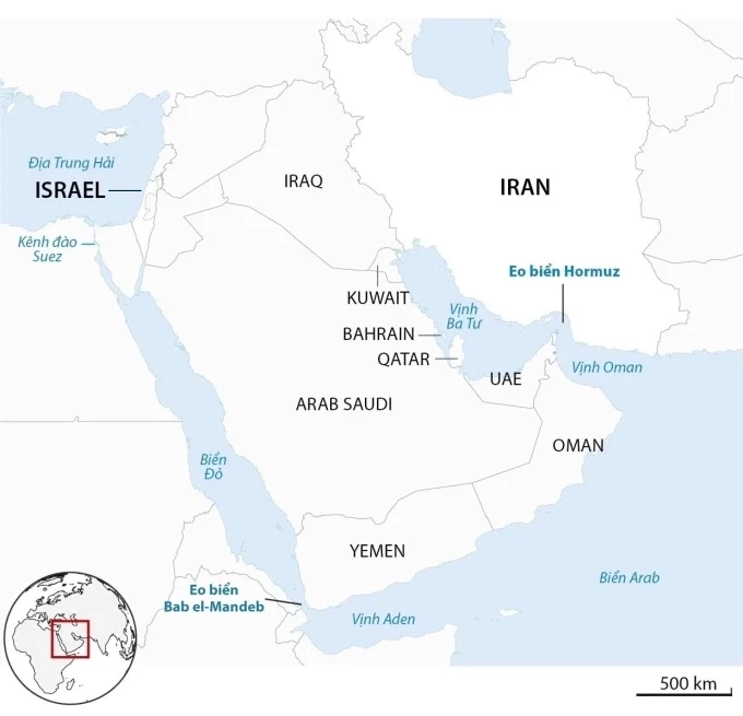 Vị trí eo biển Hormuz. Đồ họa: Guardian
