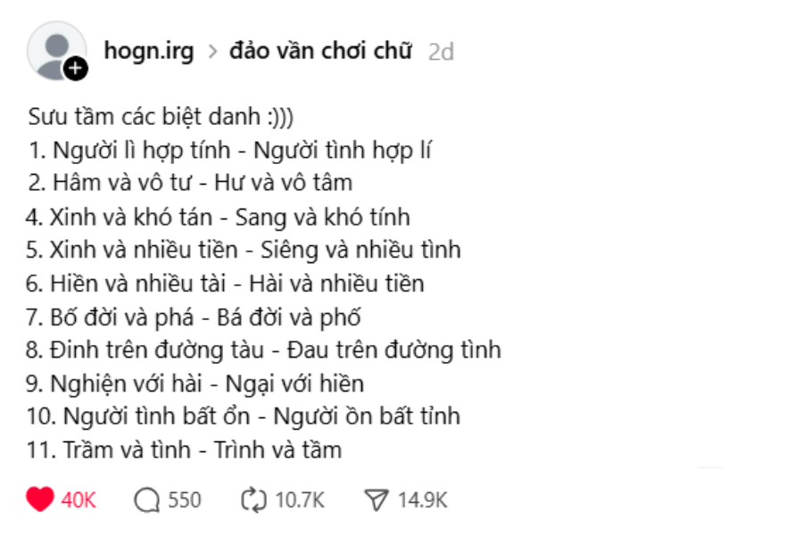 Đặt biệt danh nói lái đang trở thành xu hướng trên mạng xã hội những ngày gần đây. (Nguồn: Thread @jennn_ft )