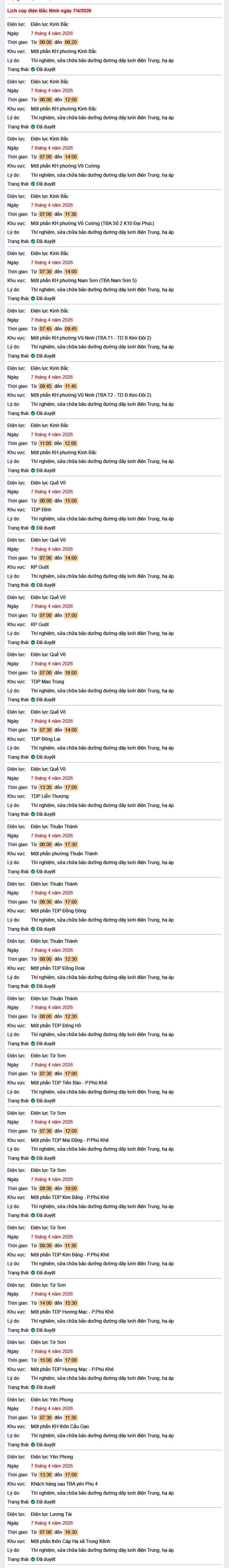Tra cứu lịch cắt điện Bắc Ninh hôm nay Thứ 3 ngày 7/4/2026- Ảnh 1.