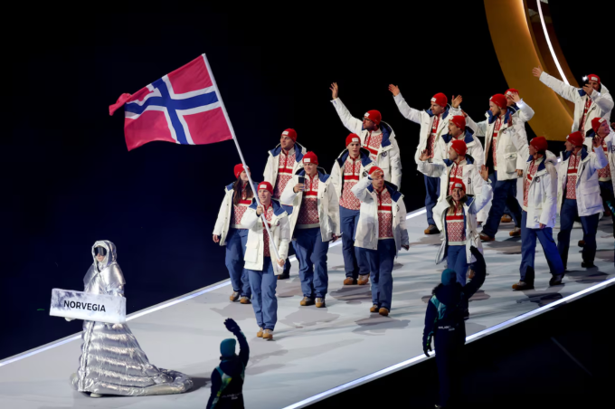 Milano Cortina 2026 Olympics - Opening Ceremony - San Siro Stadium, Milan, Italy - February 06, 2026. Flag bearer Peder Kongshaug of Norway leads his contingent in the parade of athletes during the opening ceremony REUTERS/Claudia GrecoPurchase LicensingRights