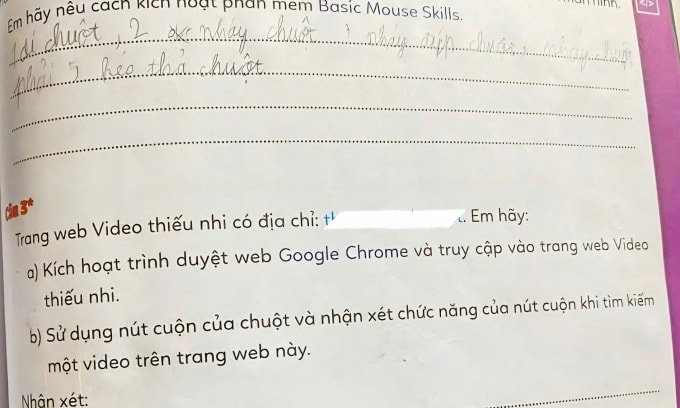 Bài tập trong Sách Tin học lớp 3 chứa đường link không phù hợp với học sinh. Ảnh: Trường Tiểu học 8-4 Mộc Châu