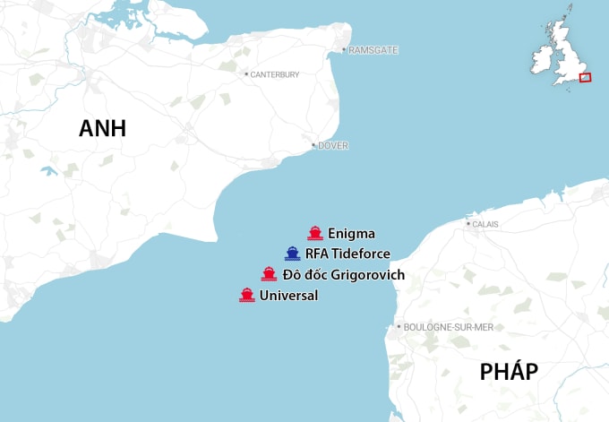 Thứ tự tàu dầu và chiến hạm Nga qua eo biển Manche ngày 8/4. Đồ họa: Telegraph