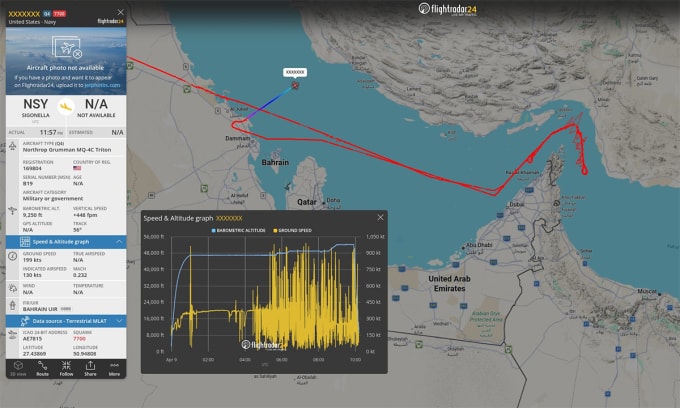 Đường bay của UAV MQ-4C trước khi mất liên lạc. Đồ họa: Flightradar24