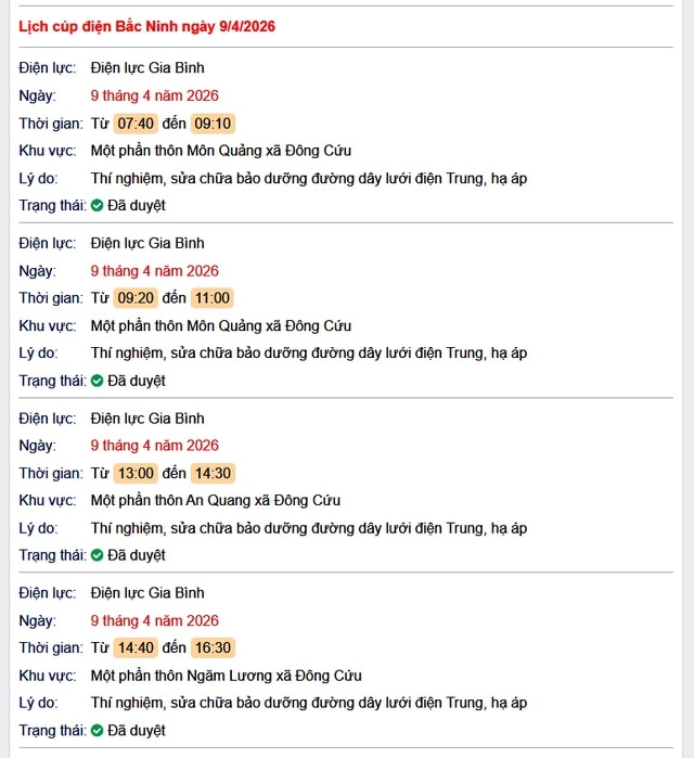 Tra cứu lịch cắt điện Bắc Ninh hôm nay Thứ 5 ngày 9/4/2026- Ảnh 1.