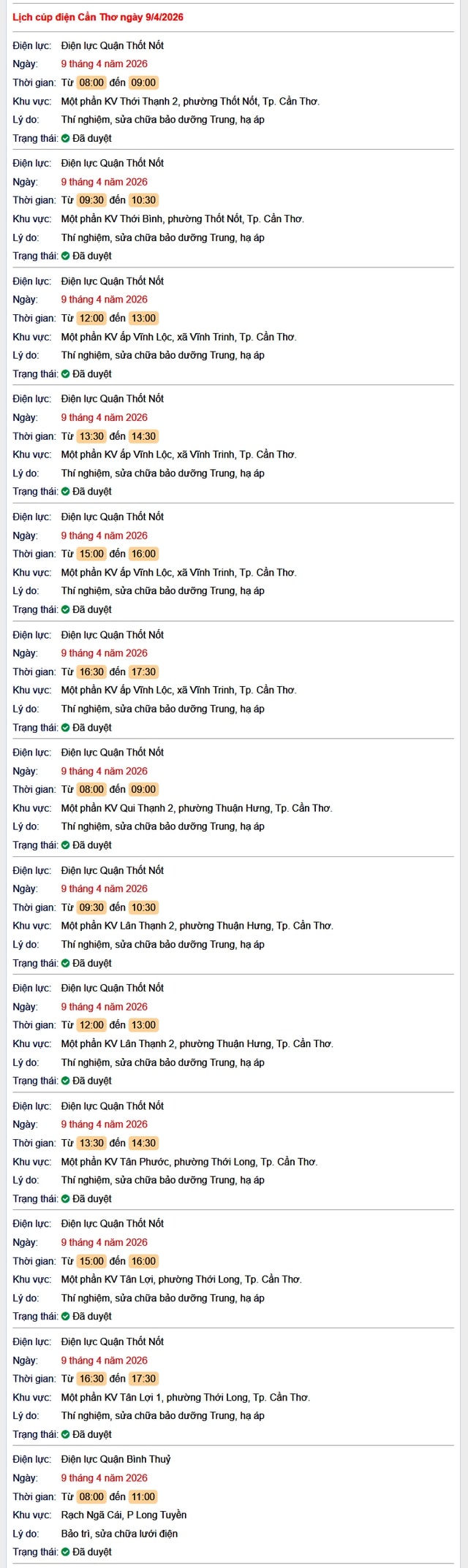 Tra cứu lịch cúp điện Cần Thơ hôm nay Thứ 5 ngày 9/4/2026- Ảnh 1.