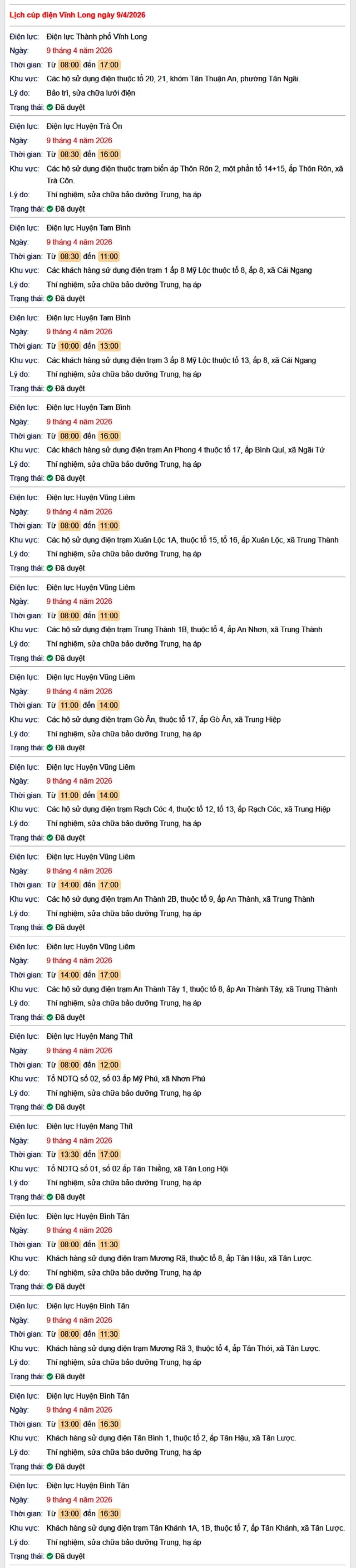 Tra cứu lịch cúp điện Vĩnh Long hôm nay Thứ 5 ngày 9/4/2026- Ảnh 1.