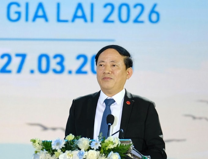 Chủ tịch UBND tỉnh Gia Lai Phạm Anh Tuấn phát biểu trong buổi Hội thảo Gia Lai 2026: Kích hoạt trục biển - cao nguyên hôm 27/3 tại phường Quy Nhơn Đông. Ảnh: Nguyễn Hiền