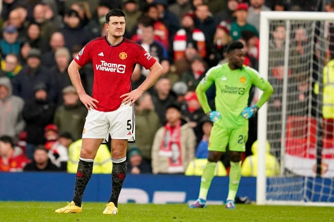 Trung vệ Man Utd Harry Maguire và thủ môn Andre Onana thất vọng sau khi thua Fulham 1-2 ở vòng 26 Ngoại hạng Anh trên sân nhà Old Trafford ngày 24/2/2024. Ảnh: AP