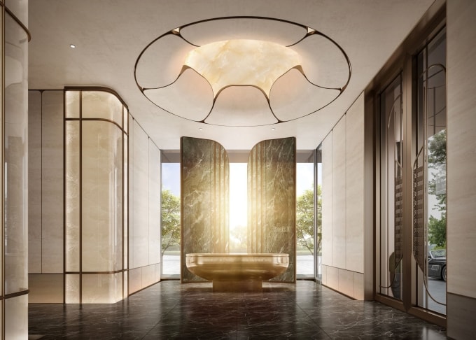 Sảnh đón tiếp với những đường nét lấy cảm hứng từ cánh hoa sen. Ảnh: Masterise Homes