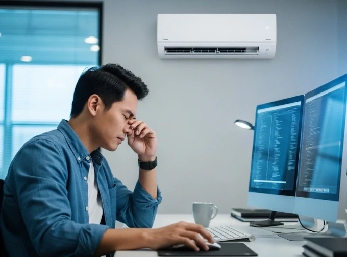 Làm việc lâu với màn hình máy tính trong môi trường điều hòa khiến mắt dễ bị khô. Ảnh được tạo bởi AI