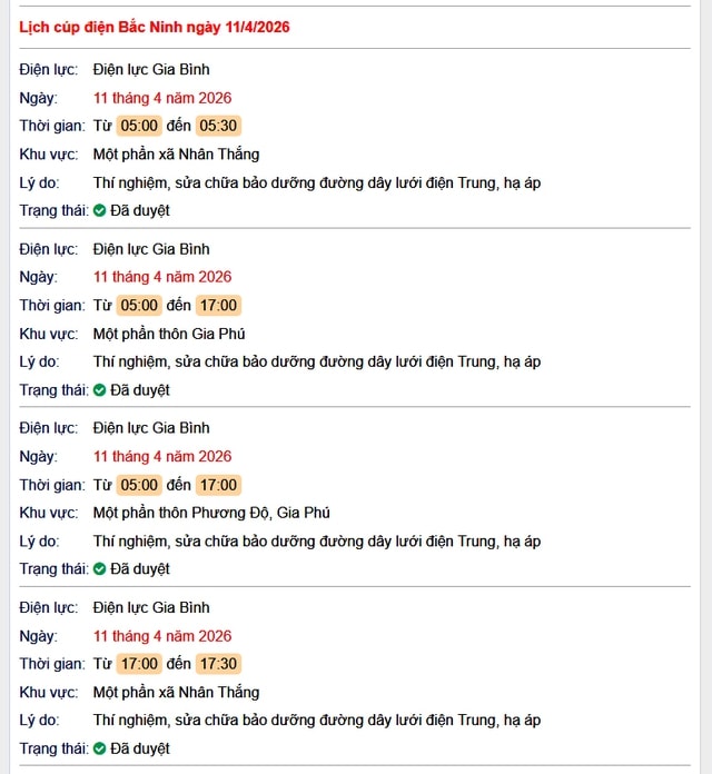 Tra cứu lịch cắt điện Bắc Ninh hôm nay Thứ 7 ngày 11/4/2026- Ảnh 1.