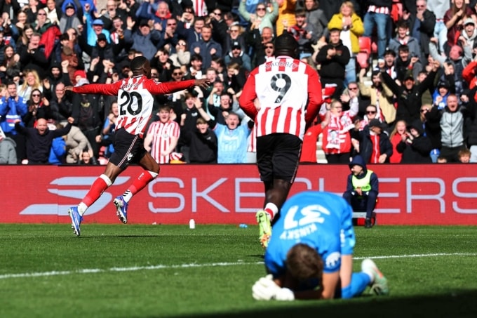 Nordi Mukiele (trái) mừng bàn mở tỷ số cho Sunderland trong trận gặp Tottenham trên sân Ánh Sáng, thành phố Sunderland, hạt Tyne & Wear, Vương quốc Anh ngày 12/4/2026. Ảnh: Reuters