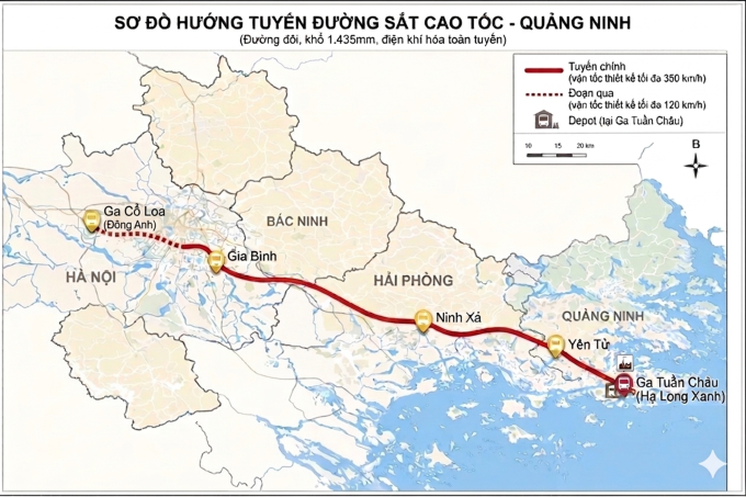 [Caption]Bản đồ hướng tuyến đường sắt cao tốc Hà Nội - Quảng Ninh. Đồ họa: Lê Tân