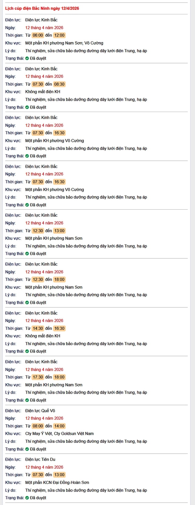 Tra cứu lịch cắt điện Bắc Ninh hôm nay Chủ Nhật ngày 12/4/2026- Ảnh 1.