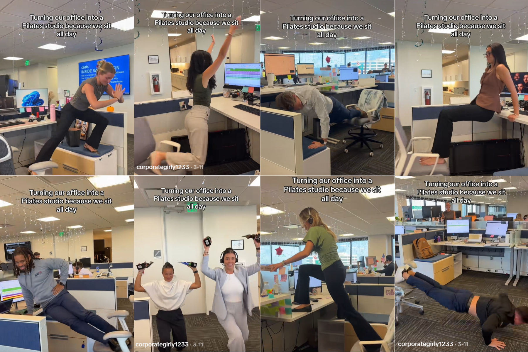 Các đoạn clip hưởng ứng trào lưu tập Pilates ngay tại văn phòng cho thấy nhiều cách biến tấu cây nhà lá vườn