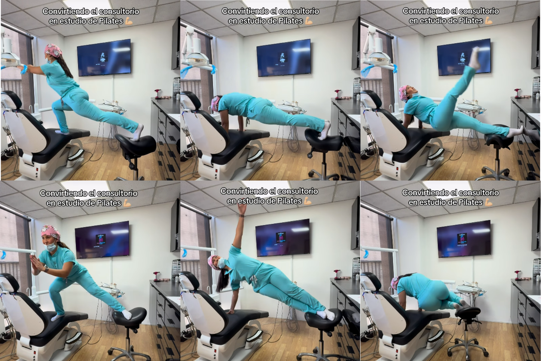 cô ấy tận dụng chính không gian phòng khám và chiếc ghế đôn xoay tròn để thực hiện các động tác pilates