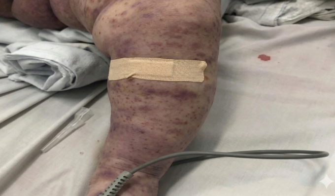 Hình ảnh ban xuất huyết ở trẻ nhiễm não mô cầu. Ảnh:Bệnh viện cung cấp