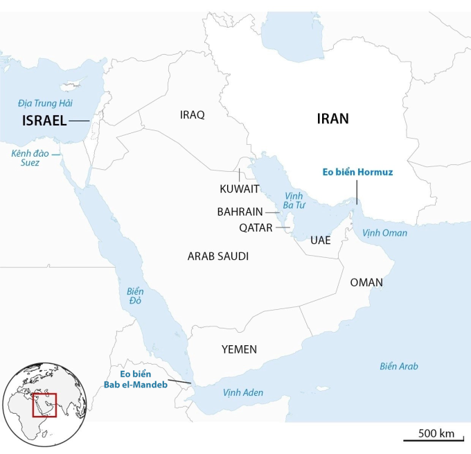Vi trí eo biển Hormuz, vịnh Ba Tư và vịnh Oman. Đồ họa: Guardian