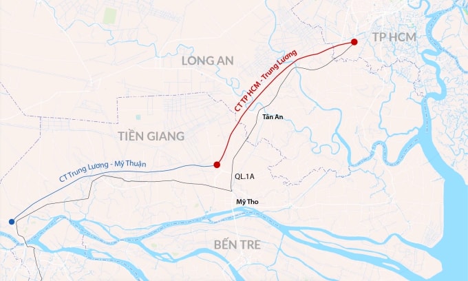 Hướng tuyến cao tốc TP HCM - Trung Lương - Mỹ Thuận. Đồ họa:Đăng Hiếu