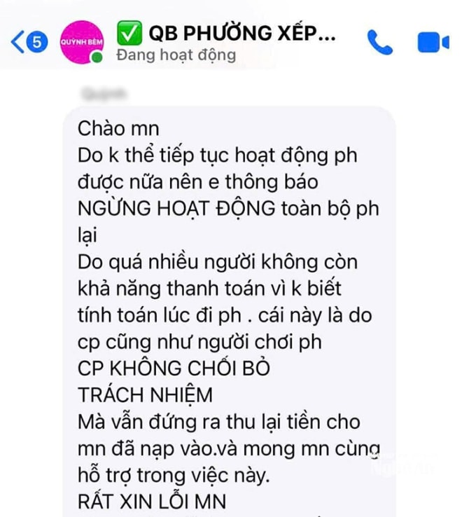 Thông báo về việc tạm dừng hoạt động nhóm Messenger của chủ hụi. Ảnh: Nhân vật cung cấp