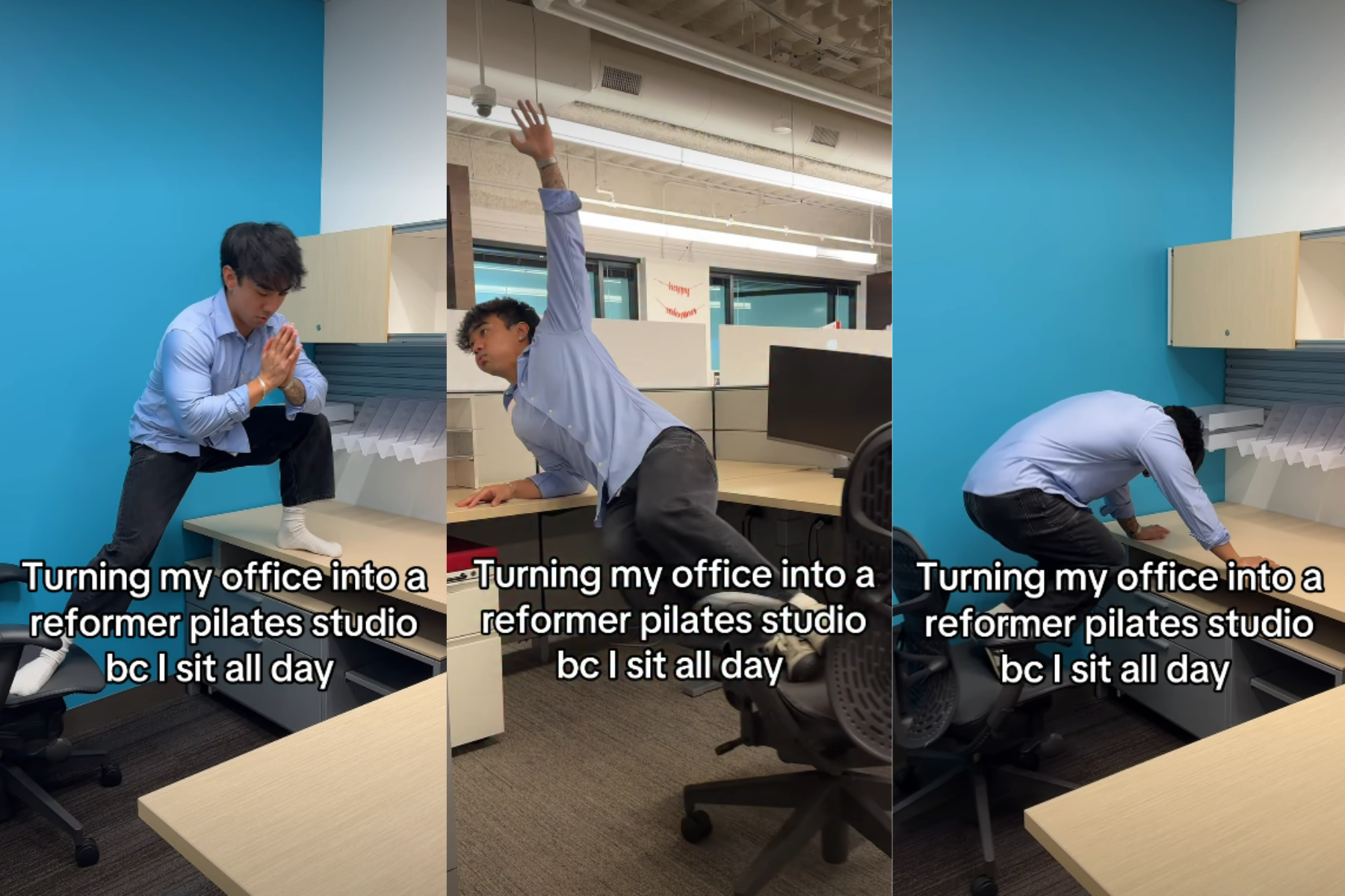 Một anh chàng dân văn phòng đã tận dụng bàn ghế, góc làm việc để tập pilates ngay tại công ty. (Nguồn: randywrld)