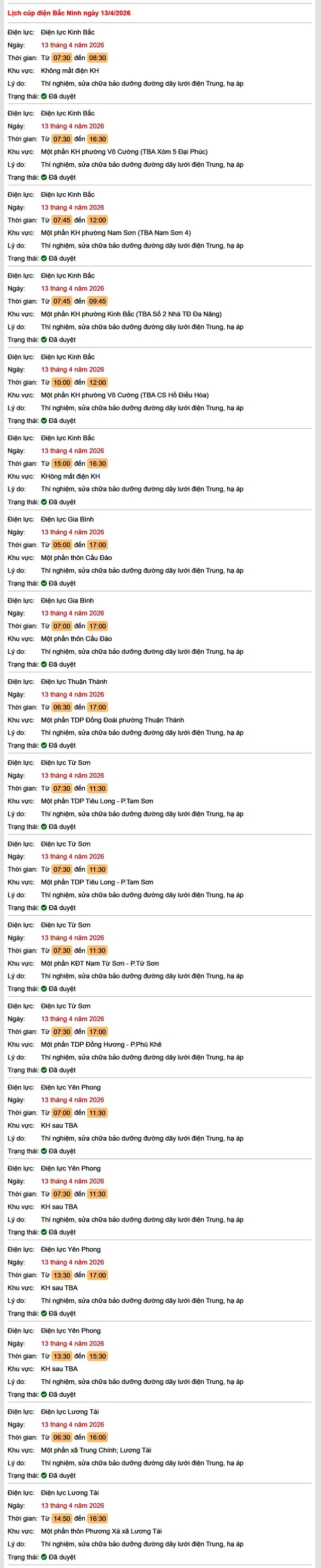 Tra cứu lịch cắt điện Bắc Ninh hôm nay Thứ 2 ngày 13/4/2026- Ảnh 1.