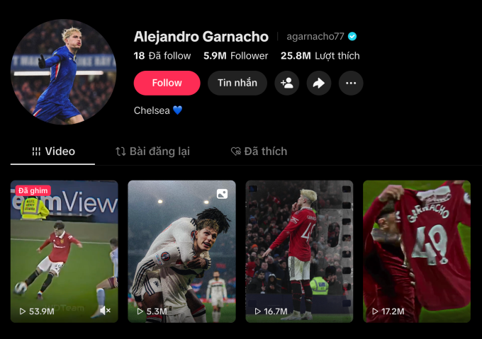 Tài khoản TikTok của Garnacho chỉ còn những video về Man Utd. Ảnh: chụp màn hình