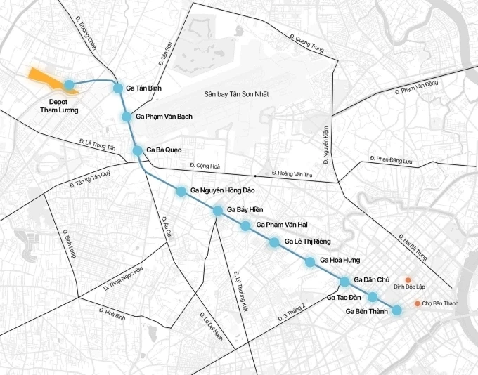 Hướng tuyến metro Bến Thành - Tham Lương. Đồ họa: Tâm Thảo