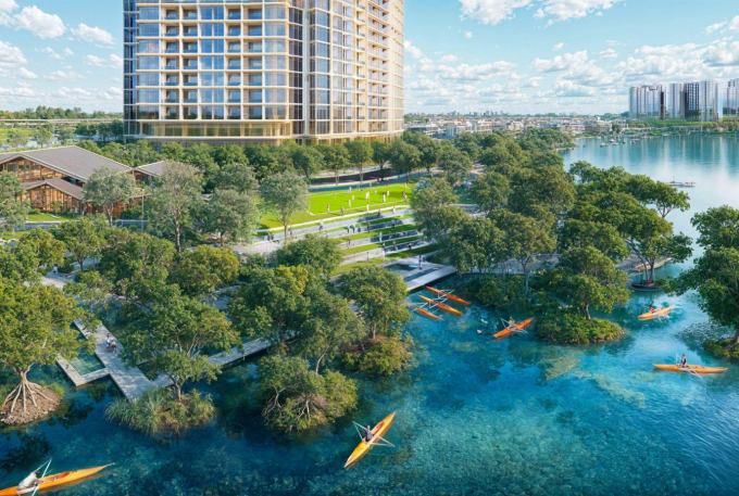 Phối cảnh không gian cây xanh, mặt nước bao quanh tòa tháp. Ảnh minh họa: Sun Property