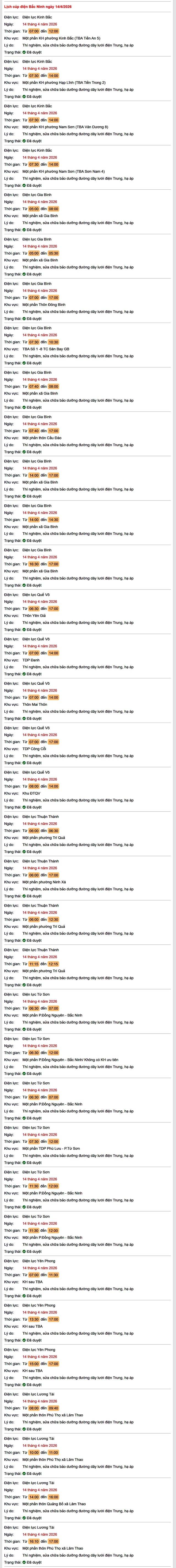 Tra cứu lịch cắt điện Bắc Ninh hôm nay Thứ 3 ngày 14/4/2026- Ảnh 1.