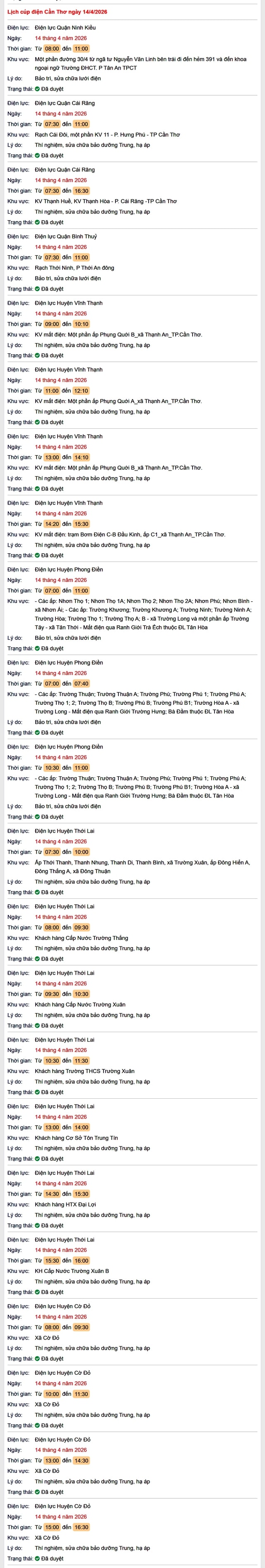 Tra cứu lịch cúp điện Cần Thơ hôm nay Thứ 3 ngày 14/4/2026- Ảnh 1.