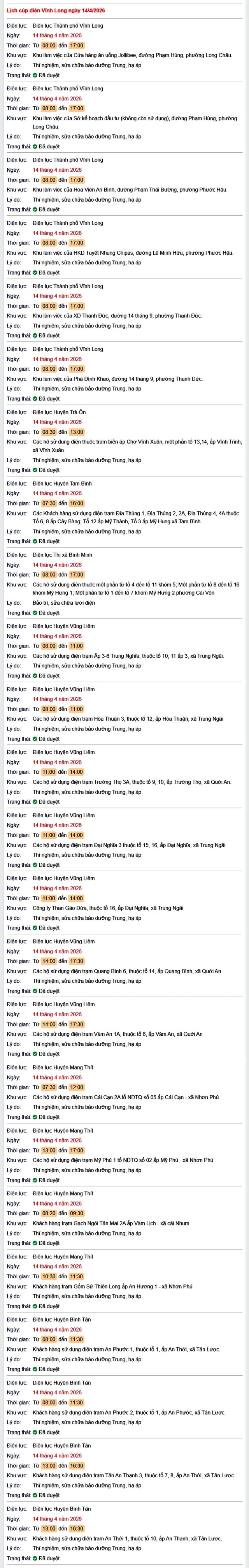 Tra cứu lịch cúp điện Vĩnh Long hôm nay Thứ 3 ngày 14/4/2026- Ảnh 1.