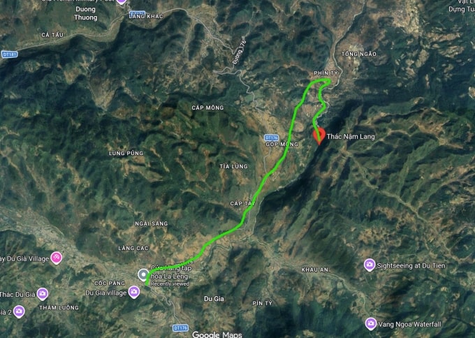 Đường đi từ Du Già đến thác Nậm Lang. Ảnh: Chụp từ google map
