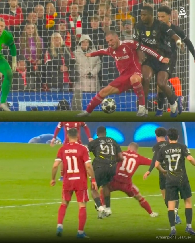 Pha va chạm giữa Alexis Mac Allister và Willian Pacho trong vòng cấm. Ảnh: The Athletic