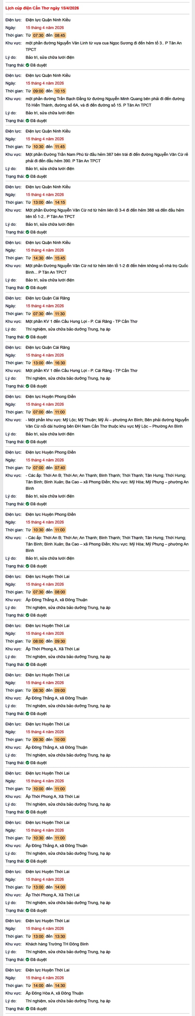 Tra cứu lịch cúp điện Cần Thơ hôm nay Thứ 4 ngày 15/4/2026- Ảnh 1. Tra cứu lịch cúp điện Cần Thơ hôm nay Thứ 4 ngày 15/4/2026- Ảnh 1.