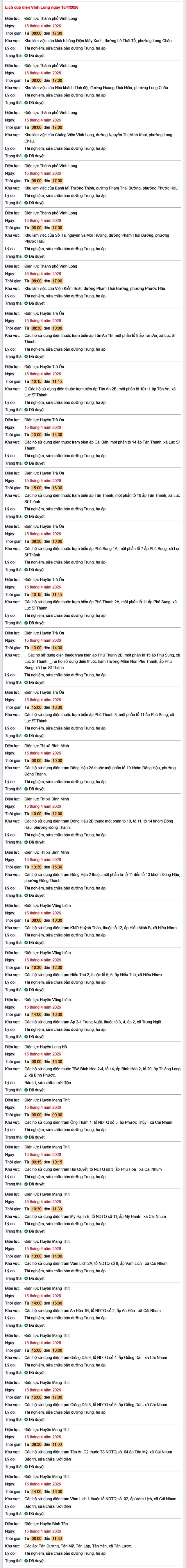 Tra cứu lịch cúp điện Vĩnh Long hôm nay Thứ 4 ngày 15/4/2026- Ảnh 1. Tra cứu lịch cúp điện Vĩnh Long hôm nay Thứ 4 ngày 15/4/2026- Ảnh 1.