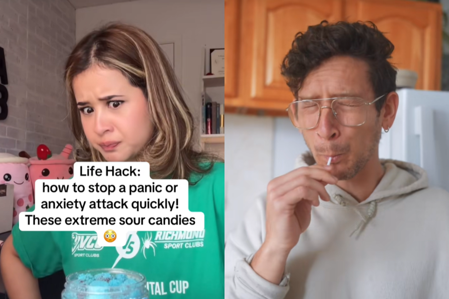 Cảm giác co rúm lại khi ăn kẹo chua giúp bạn tạm thoát khỏi cơn hoảng loạn. (Ảnh: TikTok @youranxietyrelief /@jessekatches )