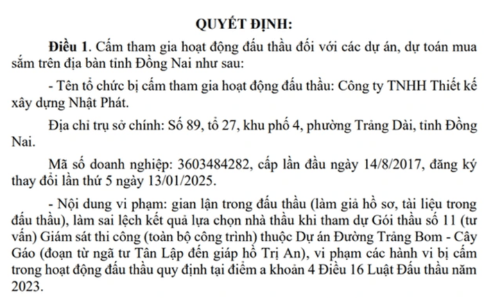 Công ty Nhật Phát bị Đồng Nai cấm tham gia đấu thầu 4 năm vì gian lận - Ảnh 1.