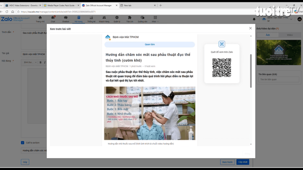 các video code còn được đăng tải trên Zalo OA của bệnh viện, tạo điều kiện để người bệnh tương tác, đặt câu hỏi và chia sẻ trải nghiệm