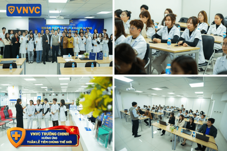 Nhiều sinh viên ngành Điều dưỡng thuộc Trường Đại học Thăng Long đến tham quan và học tập trực tiếp tại VNVC Trường Chinh