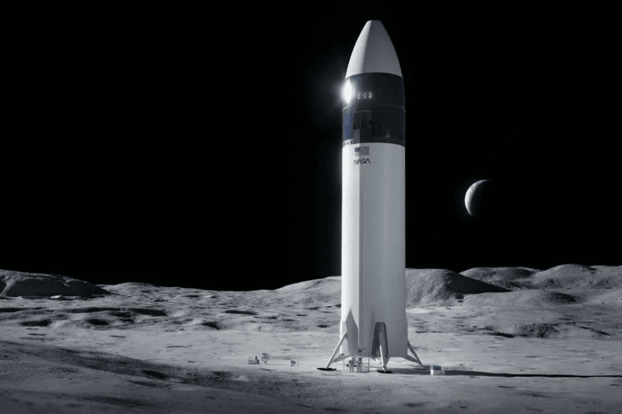Mô phỏng tàu đổ bộ Mặt Trăng Starship Human Landing System (HLS) của SpaceX, phương tiện được phát triển để đưa phi hành gia từ quỹ đạo xuống bề mặt Mặt Trăng trong chương trình Artemis