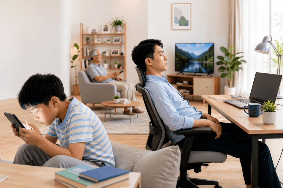 Lối sống ít vận động trong gia đình hiện đại_ Trẻ dán mắt vào màn hình, người lớn dán lưng vào ghế
