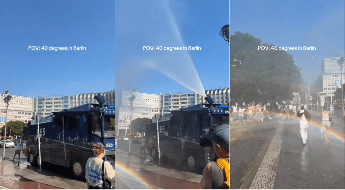 Cảnh sát Berlin dùng xe vòi rồng phun nước làm mát..