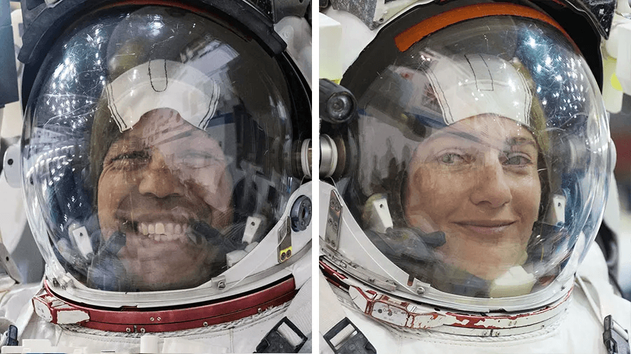 Hai phi hành gia NASA Chris Williams và Jessica Meir trong buổi huấn luyện đi bộ ngoài không gian với bộ đồ phi hành gia tại Phòng thí nghiệm Sức nổi Trung tính của NASA ở Houston, Texas.