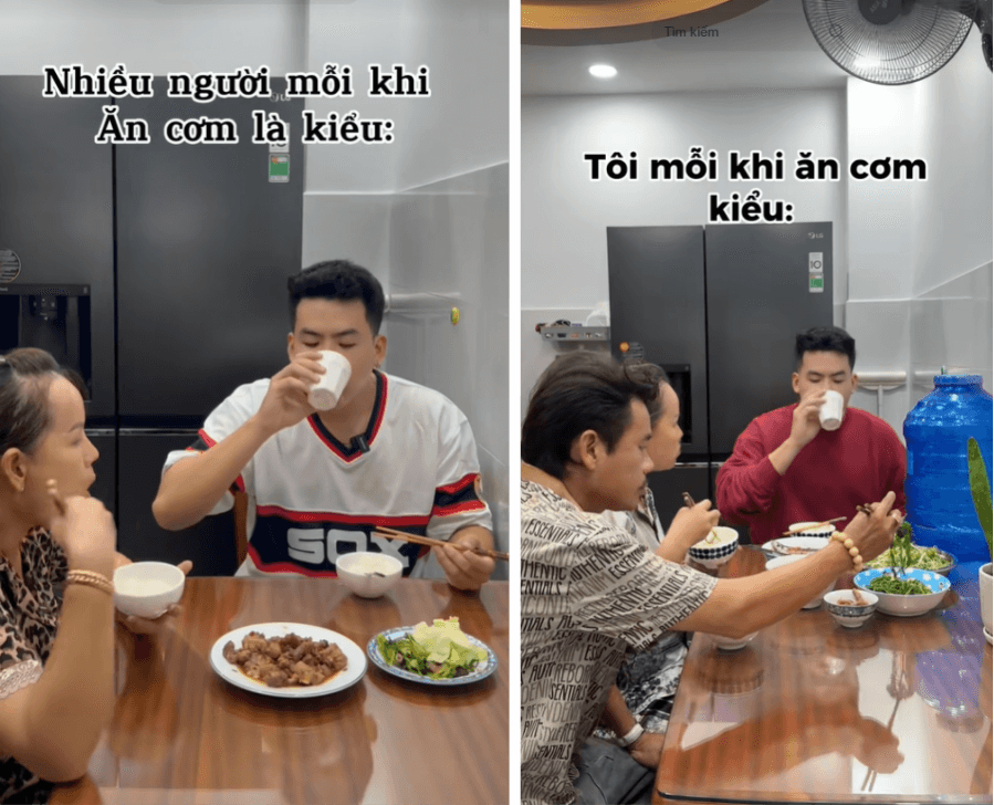 Nhà sáng tạo nội dung Chí Khang thể hiện lại tình huống mỗi khi phụ huynh thấy con mình vừa ăn vừa uống nước trong bữa cơm.