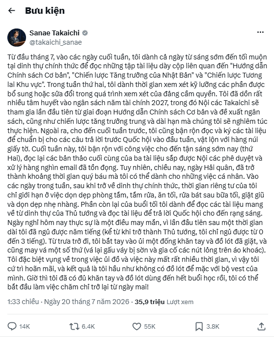 Bài đăng trên nền tảng X của Thủ tướng Nhật Bản Sanae Takaichi thu hút hàng chục triệu lượt xem