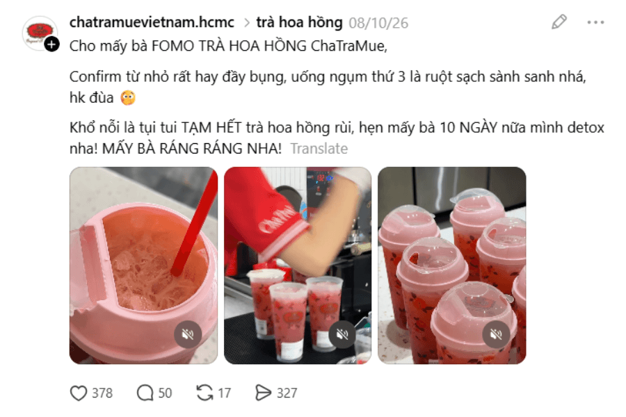 Bài đăng của Chatramue trước độ hút hàng trà hoa hồng