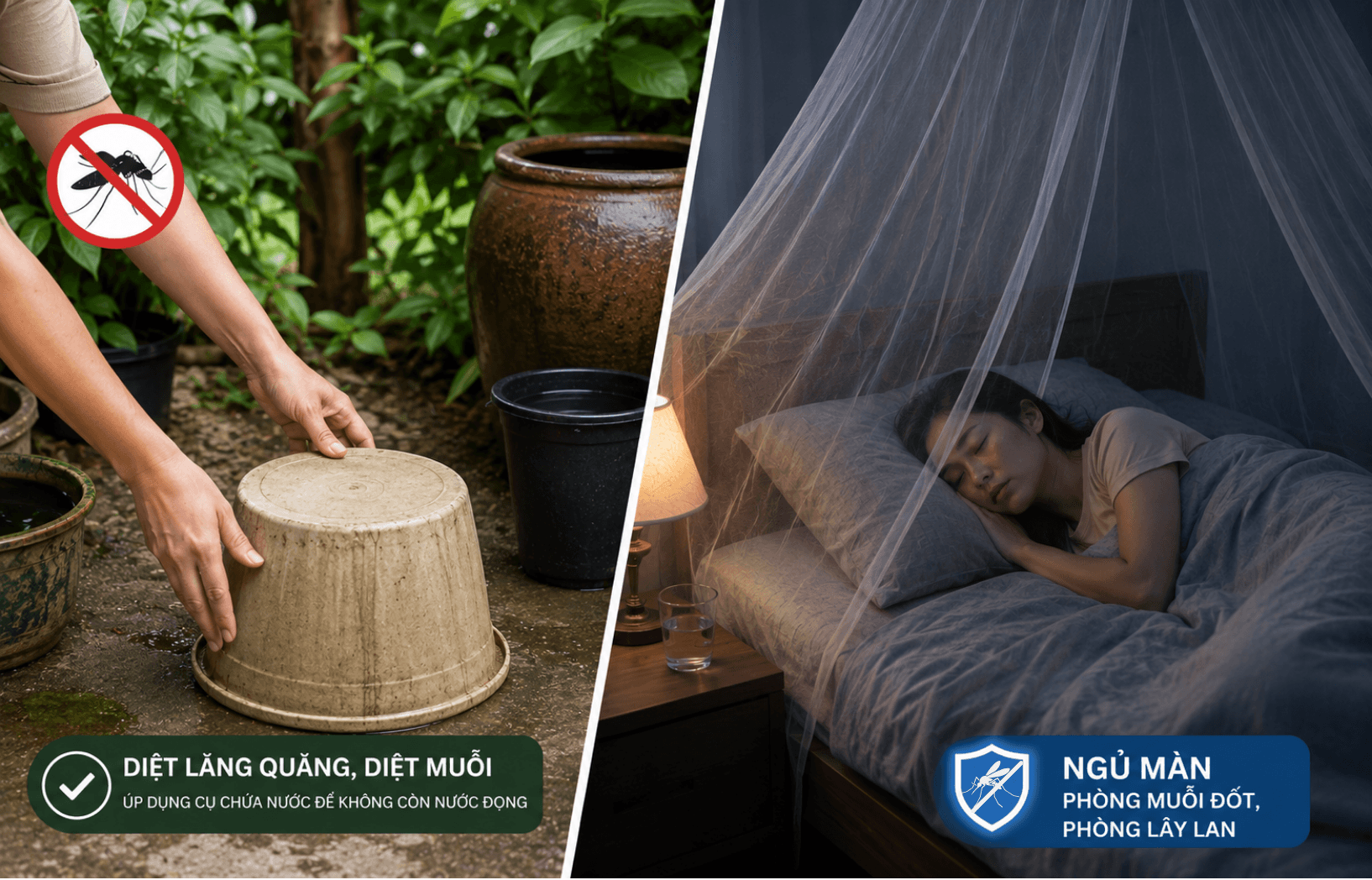 Gia đình nên cho người bệnh ngủ màn, sử dụng các biện pháp chống muỗi phù hợp, đồng thời loại bỏ những nơi muỗi có thể sinh sản như dụng cụ chứa nước đọng. (Ảnh minh họa được tạo bằng AI)